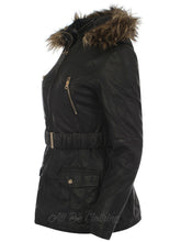 Load image into Gallery viewer, Black Faux Leather Look Coat With Faux Fur Trimmed Hood