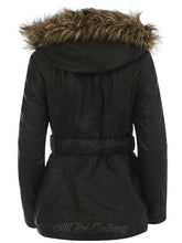 Load image into Gallery viewer, Black Faux Leather Look Coat With Faux Fur Trimmed Hood