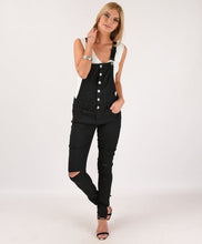 Load image into Gallery viewer, Black Skinny Ripped Stretch Denim Dungarees