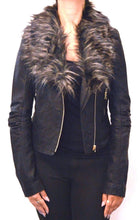 Load image into Gallery viewer, Faux Fur Leather Cropped Biker Jacket Coat in Black
