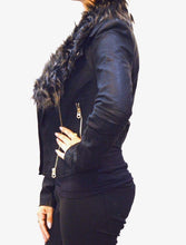 Load image into Gallery viewer, Faux Fur Leather Cropped Biker Jacket Coat in Black