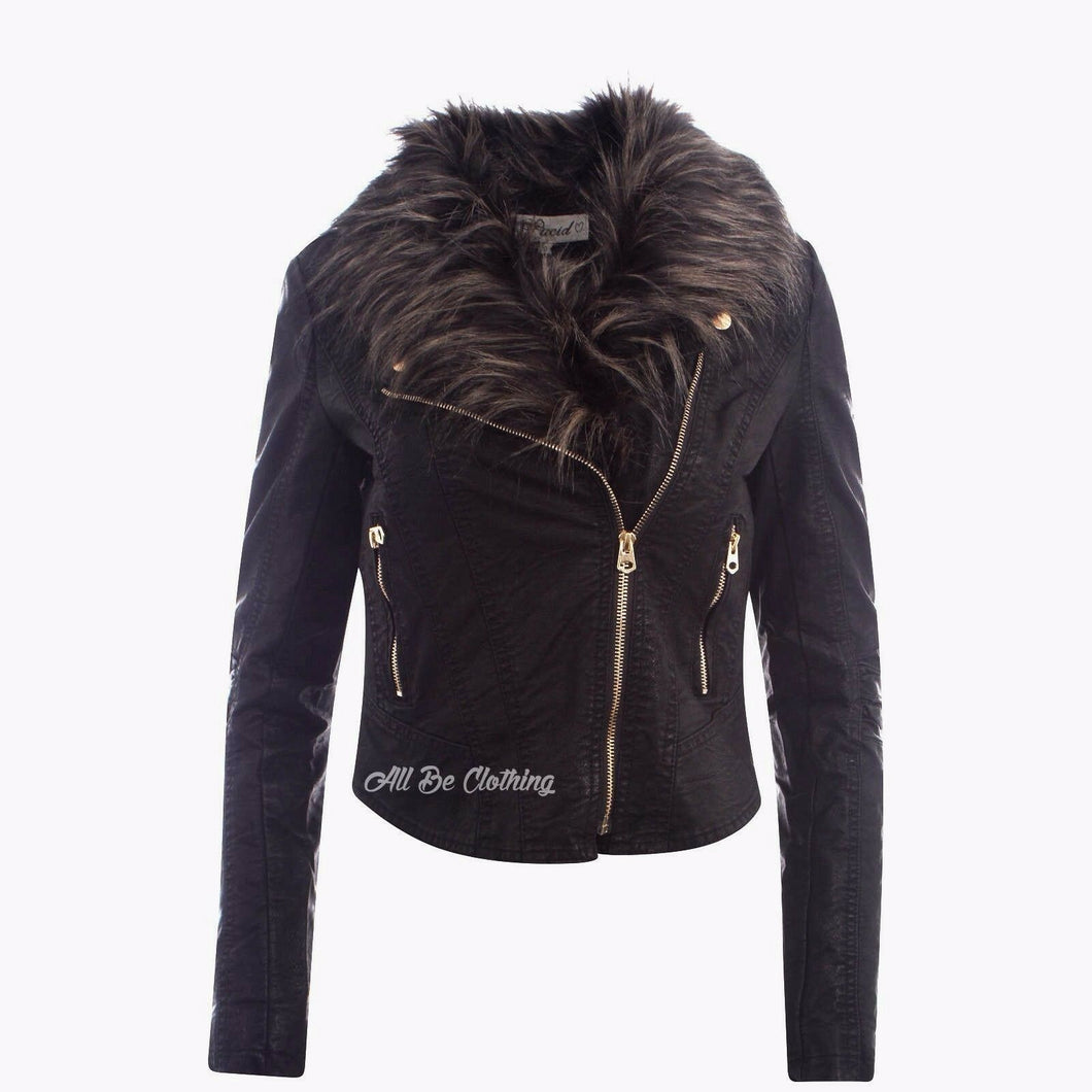 Faux Fur Leather Cropped Biker Jacket Coat in Black