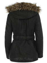 Load image into Gallery viewer, Black Faux Leather Look Coat With Faux Fur Trimmed Hood

