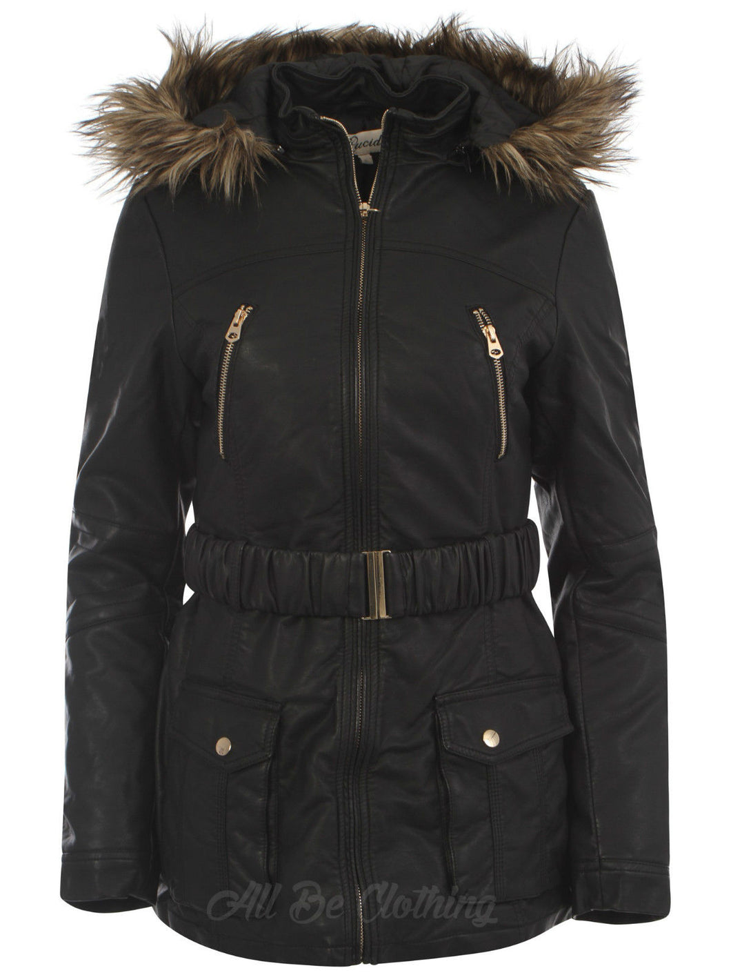 Black Faux Leather Look Coat With Faux Fur Trimmed Hood