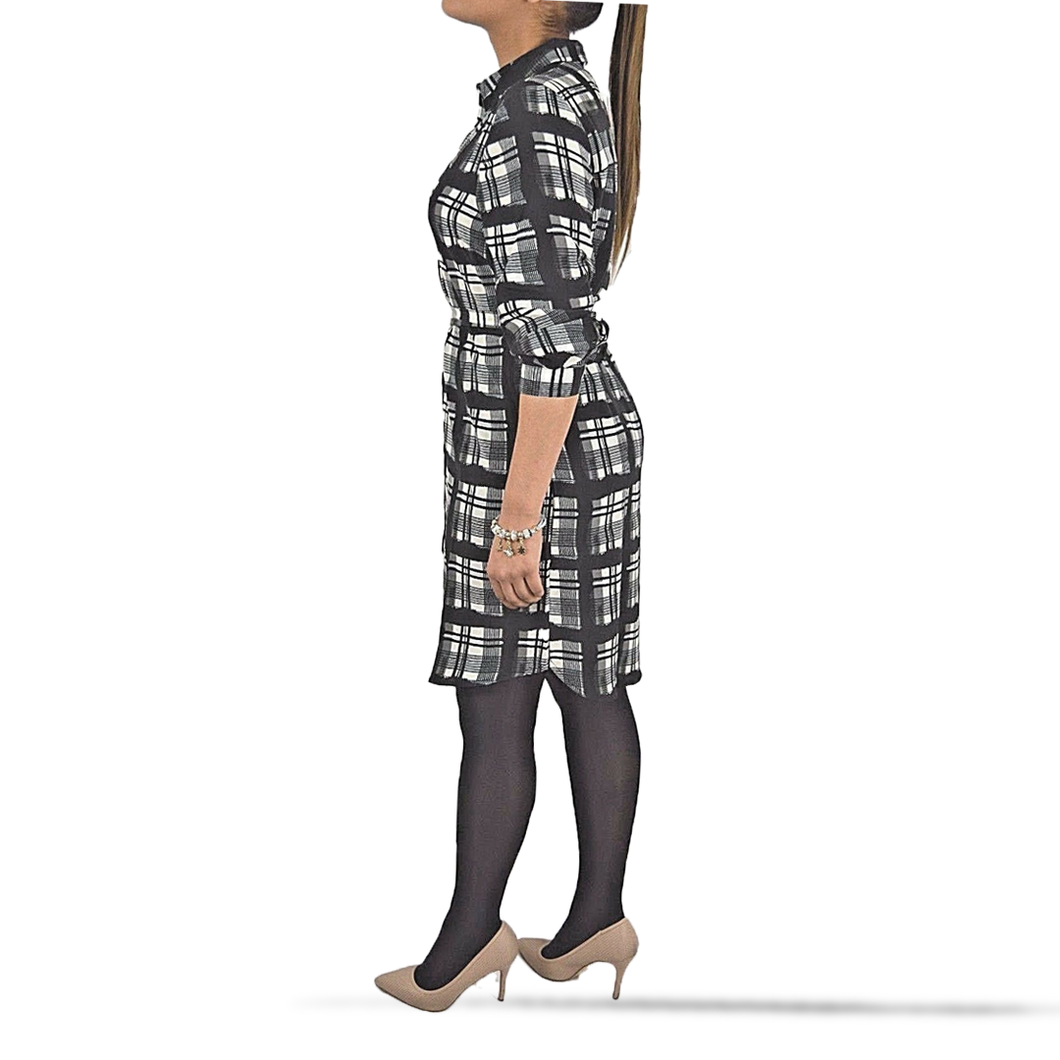 Long Sleeved Black Checked Plaid Shirt Dress