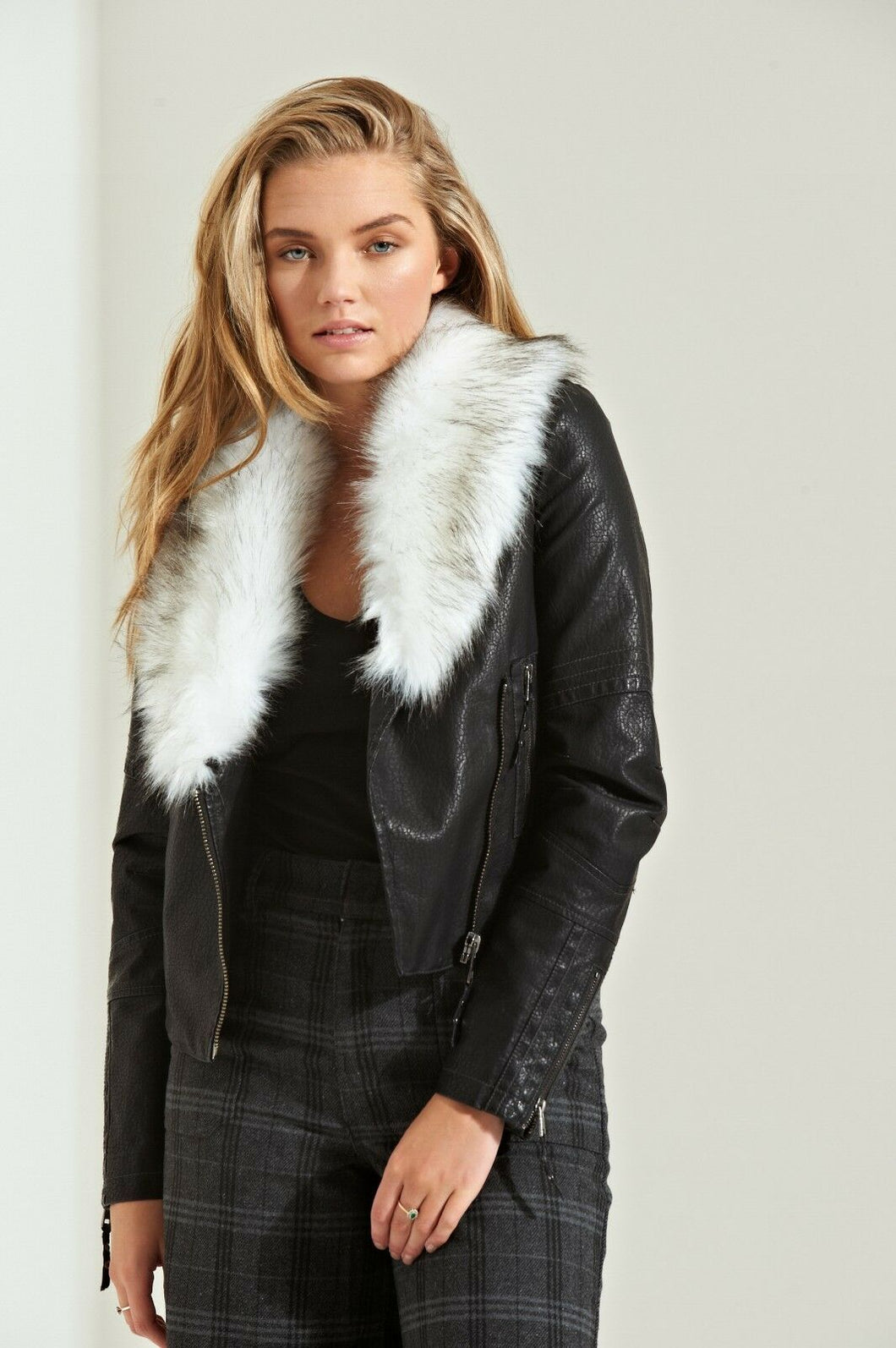 Biker Jacket With White Faux Fur Collar