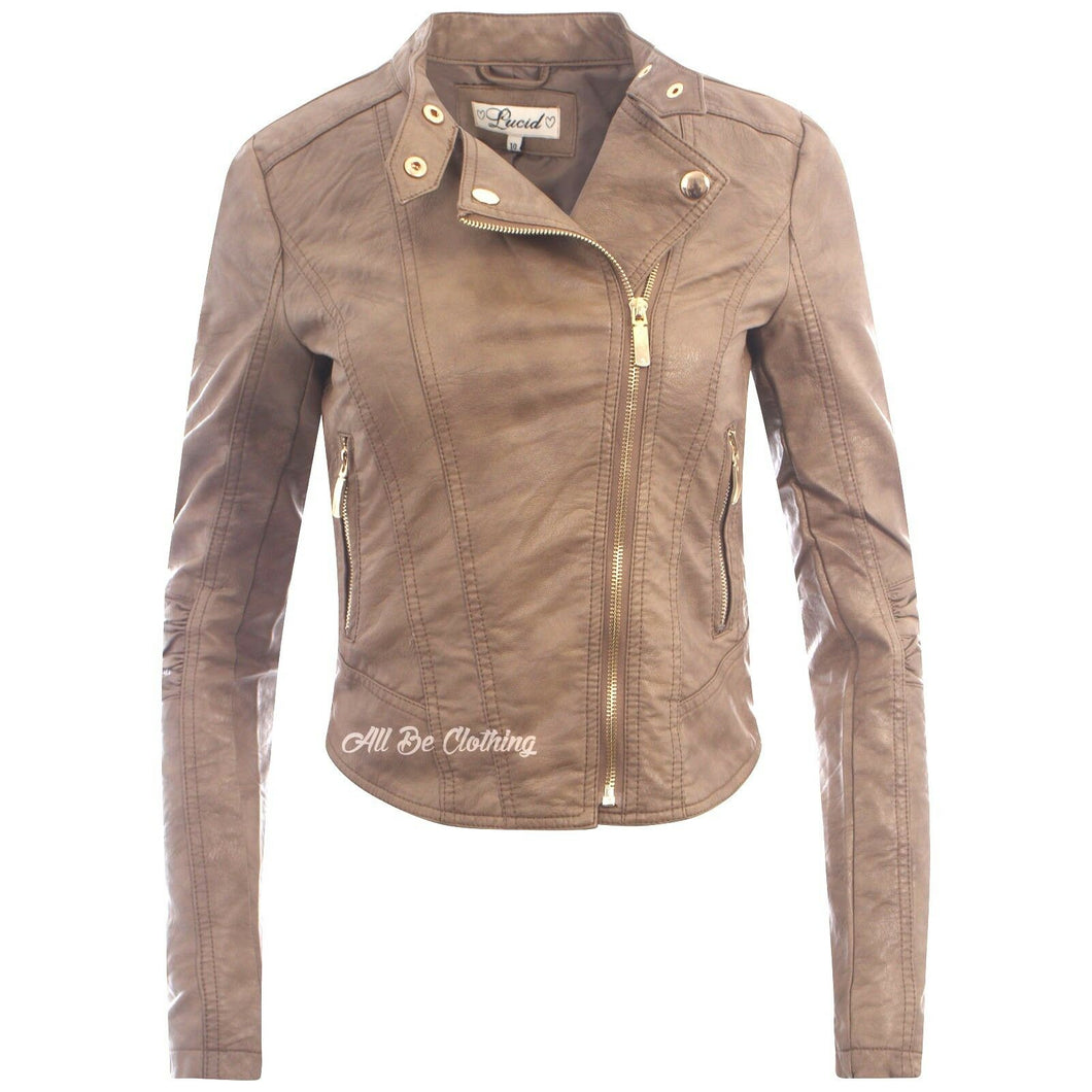 Faux Leather Cropped Biker Jacket In Vintage Stone
