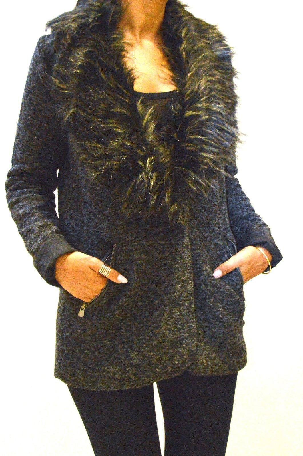 Boucle Boyfriend Style Coat Faux With Fur Detachable Collar