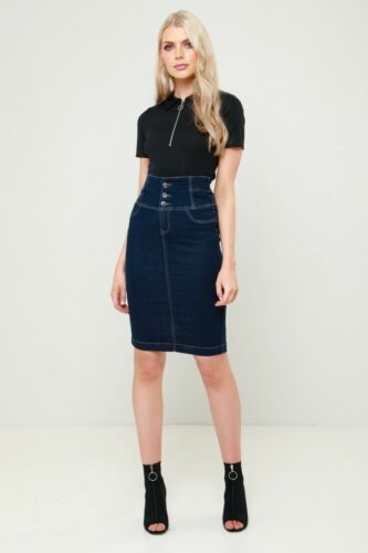 Denim Knee Length Skirt,High Waisted With Button Fastening